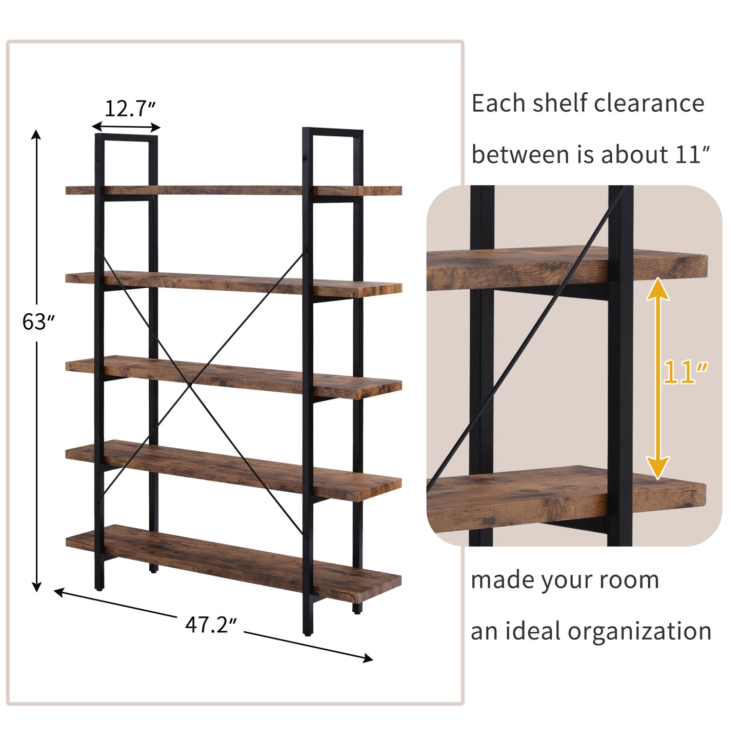 ON-TREND  5-tier Industrial Bookcase with Rustic Wood and Metal Frame, Large Open Bookshelf for Living Room（Distressed Brown）