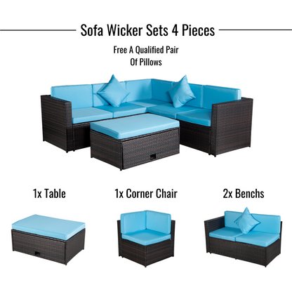 Patio Set 4-Piece Brown Poly Rattan Blue Cushion Combined 2 Blue Pillows Sectional Option Sofa Sets And Multifunctional Table