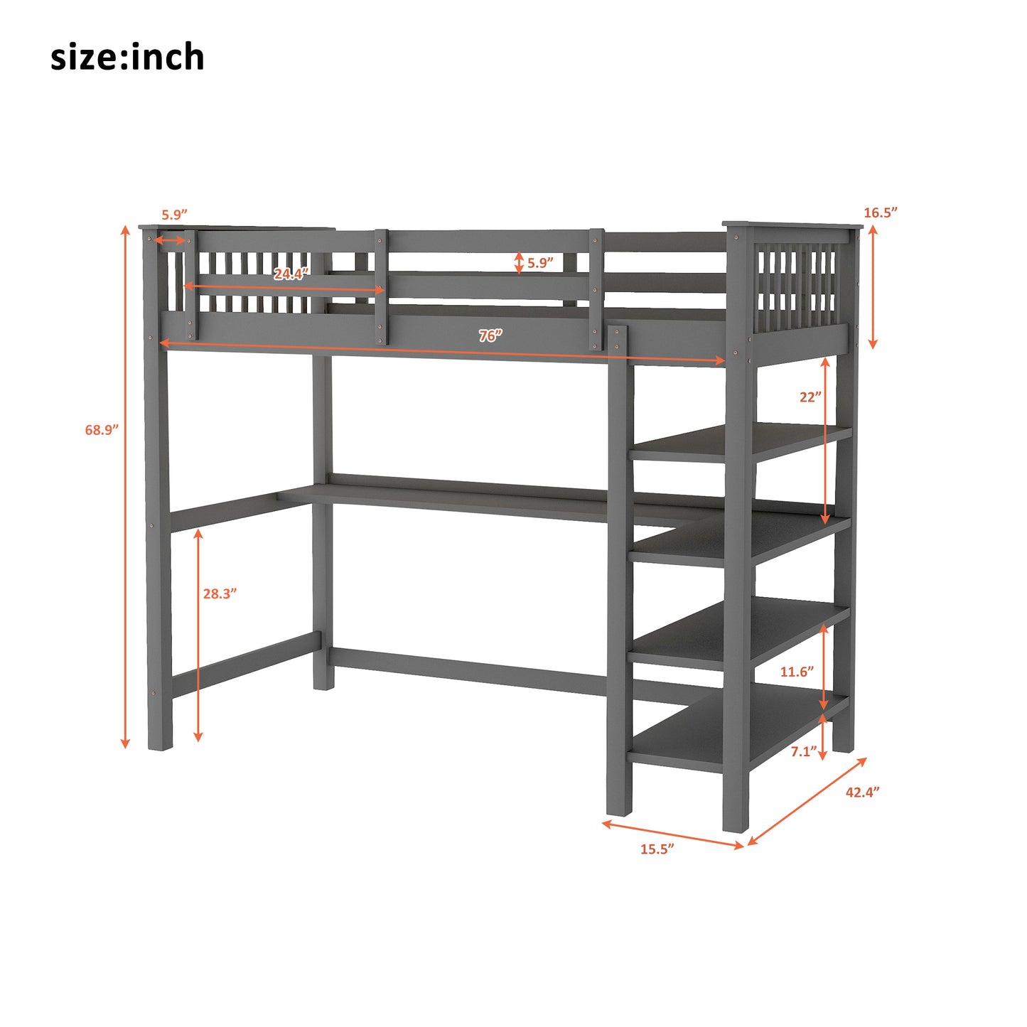 Twin Size Loft Bed with Storage Shelves and Under-bed Desk, Gray