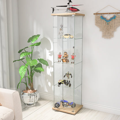 Glass Cabinet    Glass Display Cabinet 4 Shelves with Door, Floor Standing Curio Bookshelf for Living Room Bedroom Office, 64” x 17”x 14.5”, Natural Wood