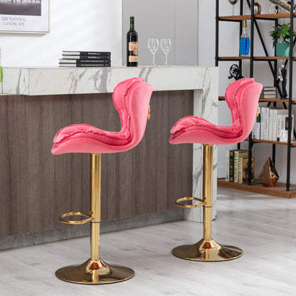 Set of 2  Bar Stools,with Chrome Footrest and Base Swivel Height Adjustable Mechanical Lifting Velvet + Golden Leg Simple Bar Stool-pink