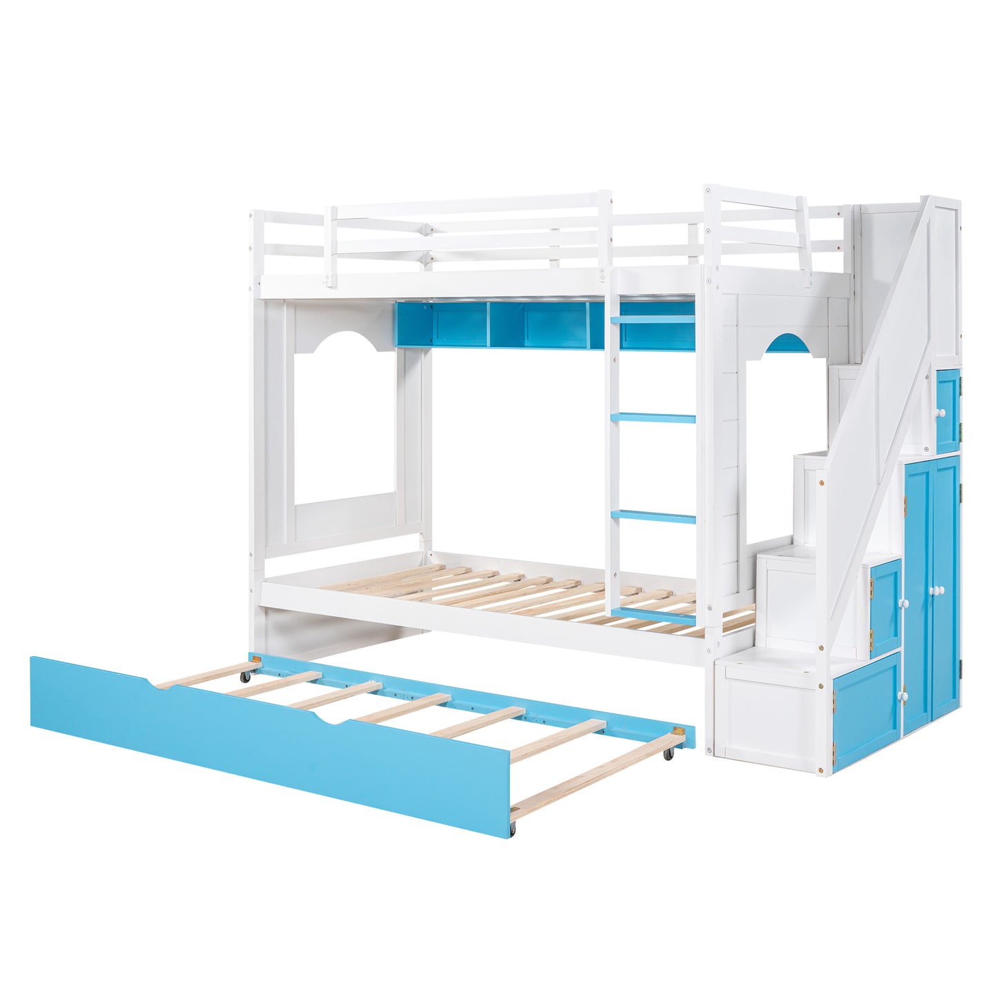 Twin Over Twin Bunk Bed with Trundle ,Stairs,Ladders Solid Wood Bunk bed with Storage Cabinet （White + Blue）
