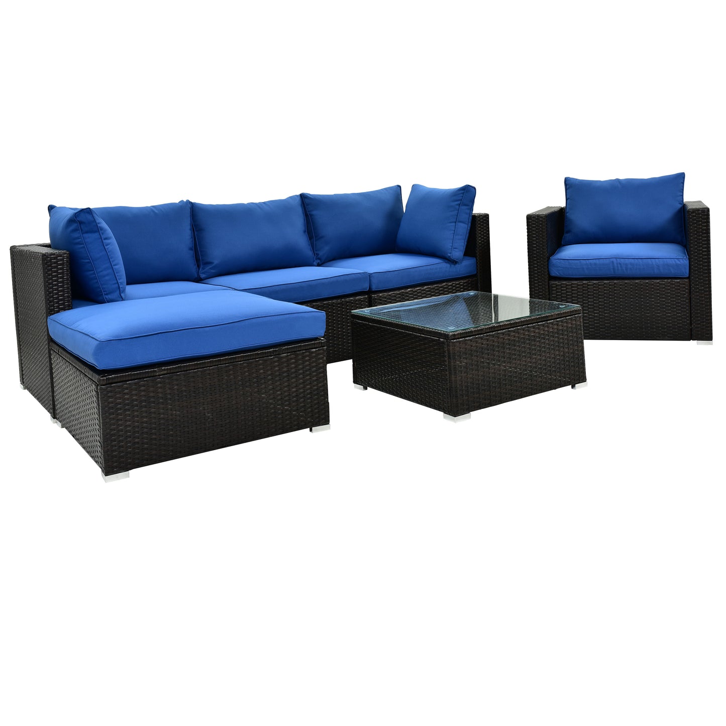 TOPMAX 6PCS Outdoor Patio Sectional All Weather PE Wicker Rattan Sofa Set with Glass Table, Blue Cushion+ Brown Wicker