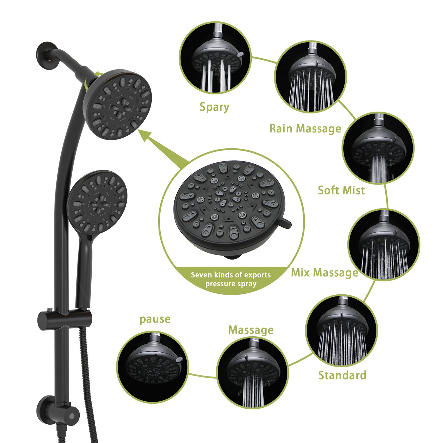 Multi Function Dual Shower Head - Shower System with 4.7" Rain Showerhead, 7-Function Hand Shower, Adjustable Slide Bar,Matte Black