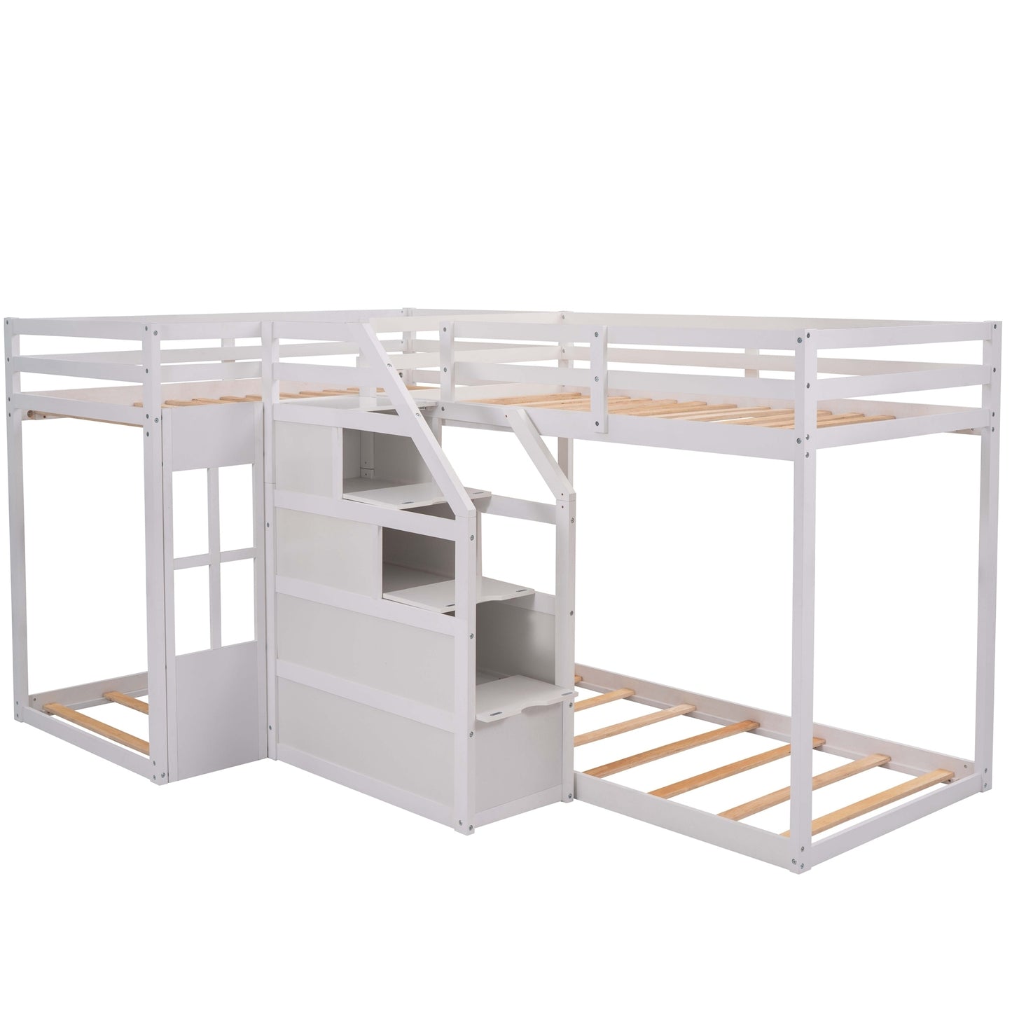 Twin over Twin L-Shaped Bunk Bed with Built-in Middle Staircase,White