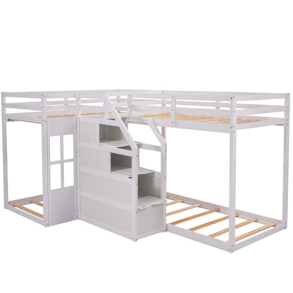 Twin over Twin L-Shaped Bunk Bed with Built-in Middle Staircase,White