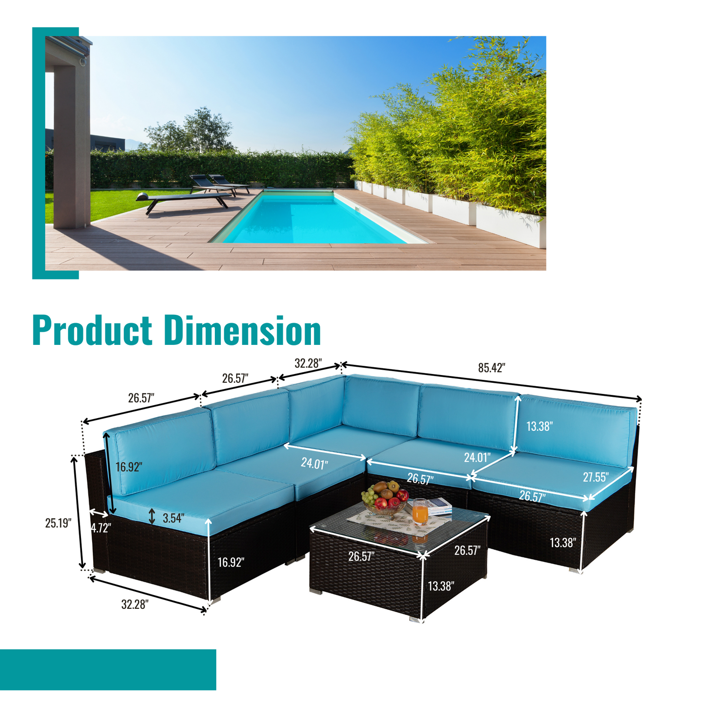 Outdoor Garden Patio Furniture 6-Piece Brown PE Rattan Wicker Sectional Blue Cushioned Sofa Sets