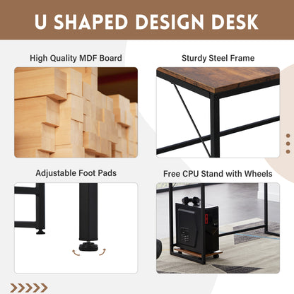 U-shaped Computer Desk, Industrial Corner Writing Desk with CPU Stand, Gaming Table Workstation Desk for Home Office (Brown) (OLD SKU: WF198675AAT)