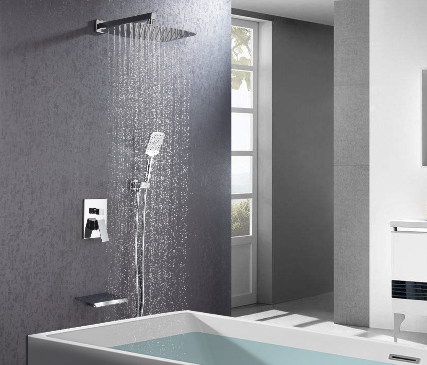 Shower Faucet Set 3-Function Bathroom Shower Fixtures with Waterfall Tub Spout Wall Mount 10 inch Rain Shower Head