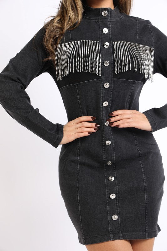 Denim dress with rhinestone fringe