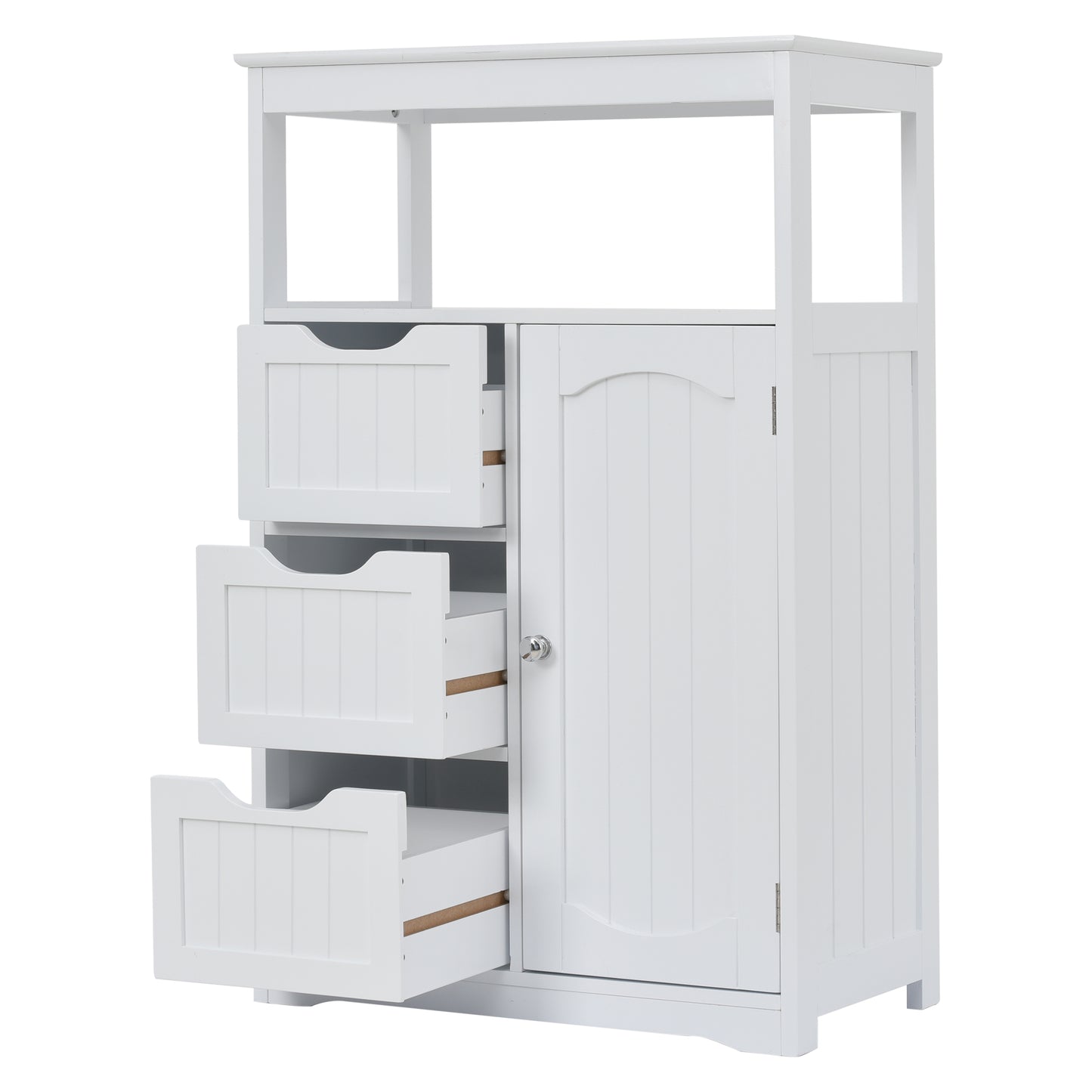 White Bathroom Cabinet, Freestanding Multi-Functional Storage Cabinet with Door and 3 Drawers, MDF Board with Painted Finish