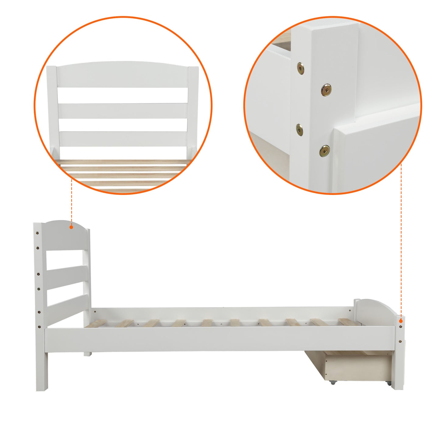 Platform Twin Bed Frame with Storage Drawer and Wood Slat Support No Box Spring Needed, White