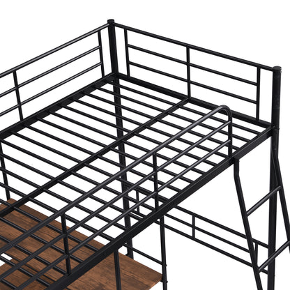 Twin Size Metal Loft Bed and Built-in Desk and Shelves,Black(OLD DKU:WF280270AAB)