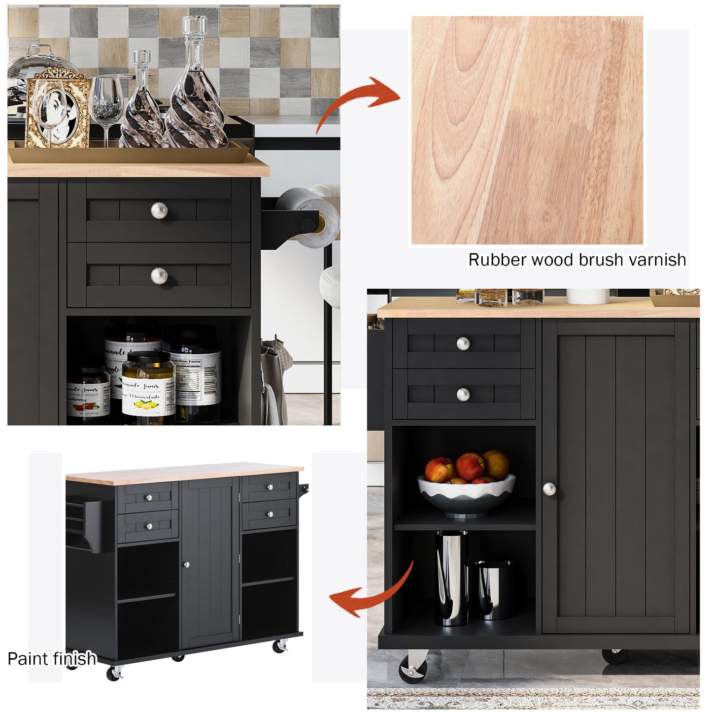 K&K kitchen island cart with Spice Rack, Towel Rack & Drawer,Rubber wood desktop,5 wheels including 4 lockable wheels,52.8inch width (Black)