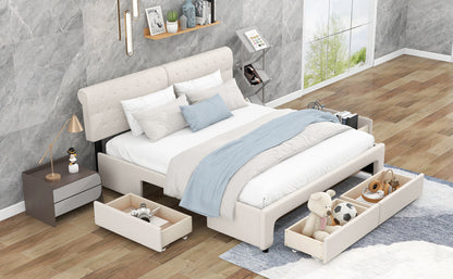 King Size Upholstery Platform Bed with Four Drawers,Beige