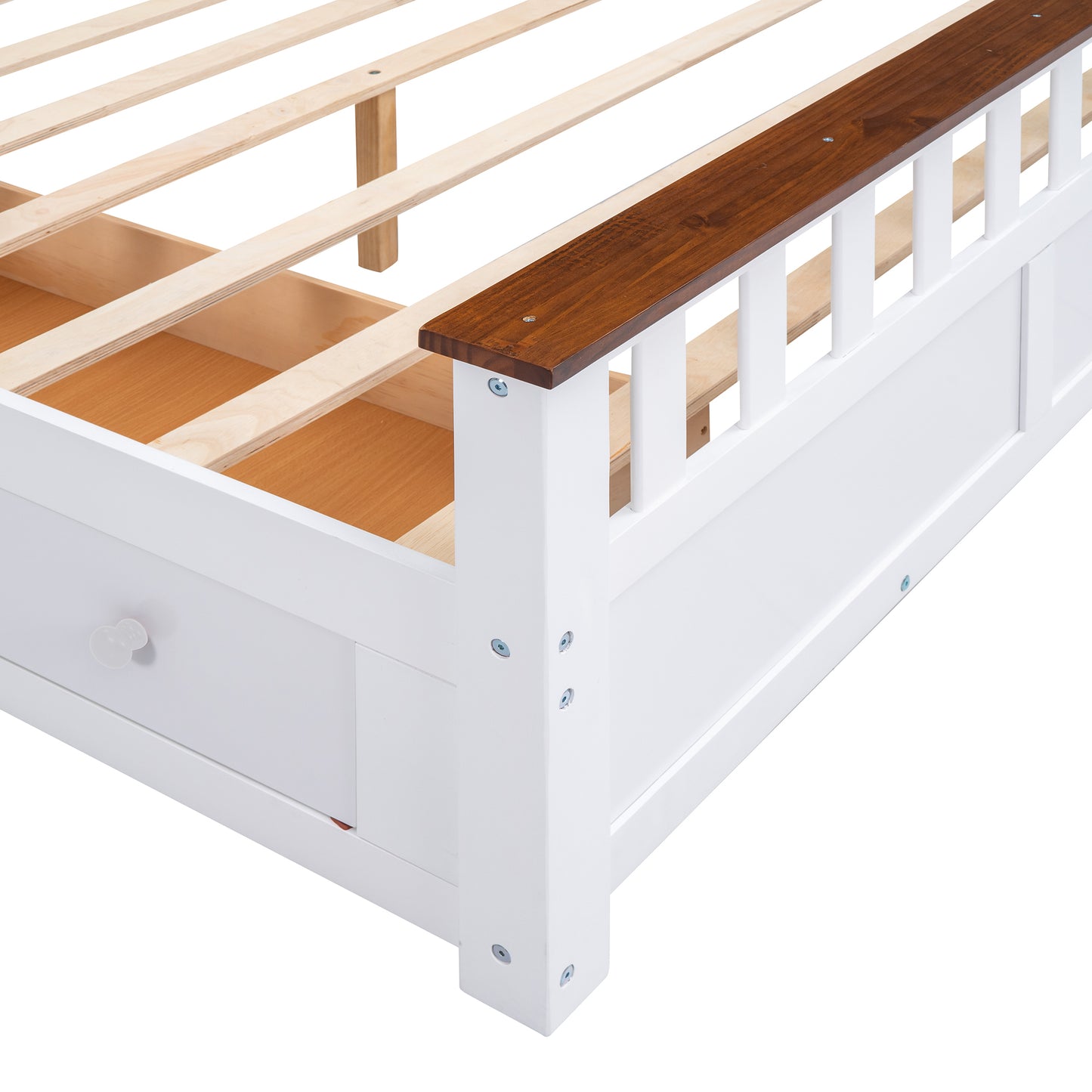 Queen Size Wood Platform Bed with Two Drawers and Wooden Slat Support,White+walnut