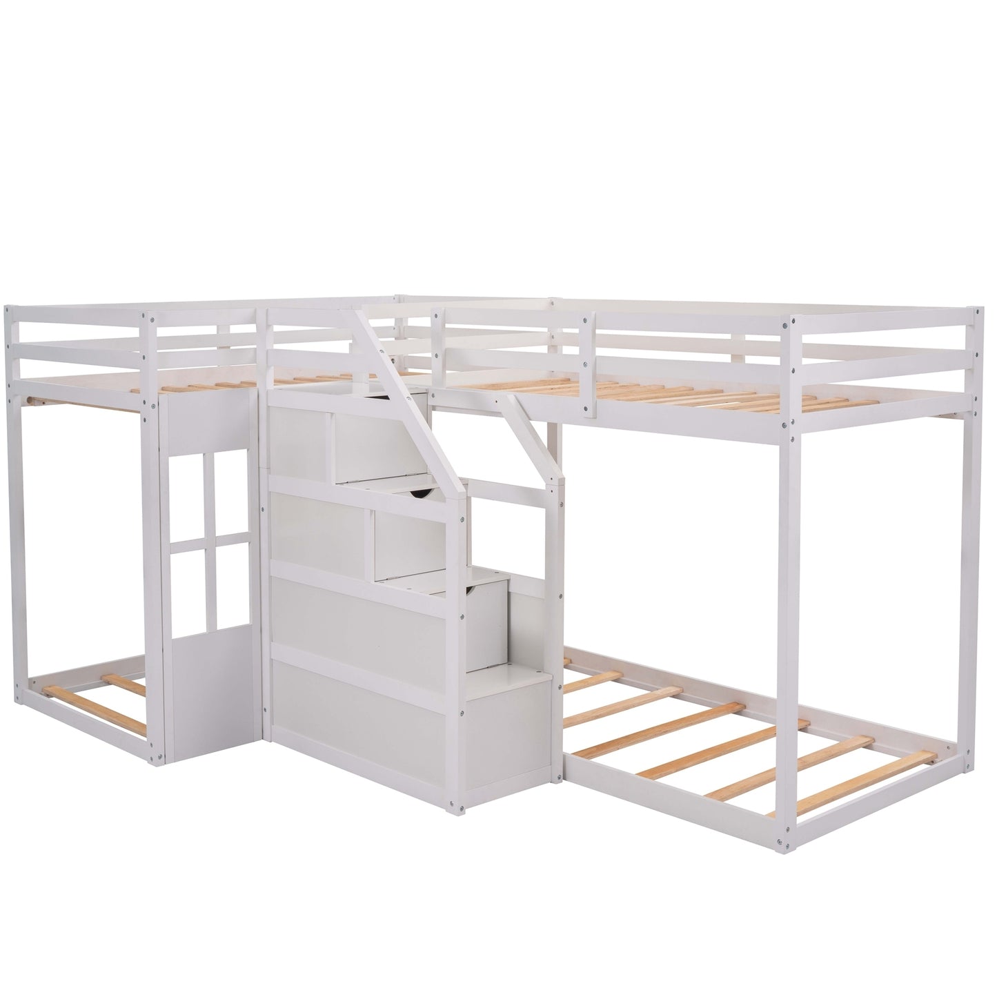 Twin over Twin L-Shaped Bunk Bed with Built-in Middle Staircase,White