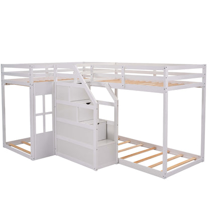 Twin over Twin L-Shaped Bunk Bed with Built-in Middle Staircase,White