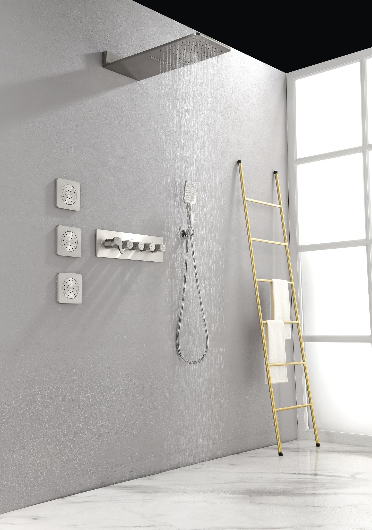 Wall Mounted Waterfall Rain Shower System With 3 Body Sprays & Handheld Shower