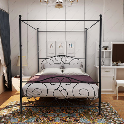 Canopy Metal Bed Frame with Vintage Style Headboard & Footboard ，Easy DIY Assembly All Parts Included, Queen Black（same as W84036133）