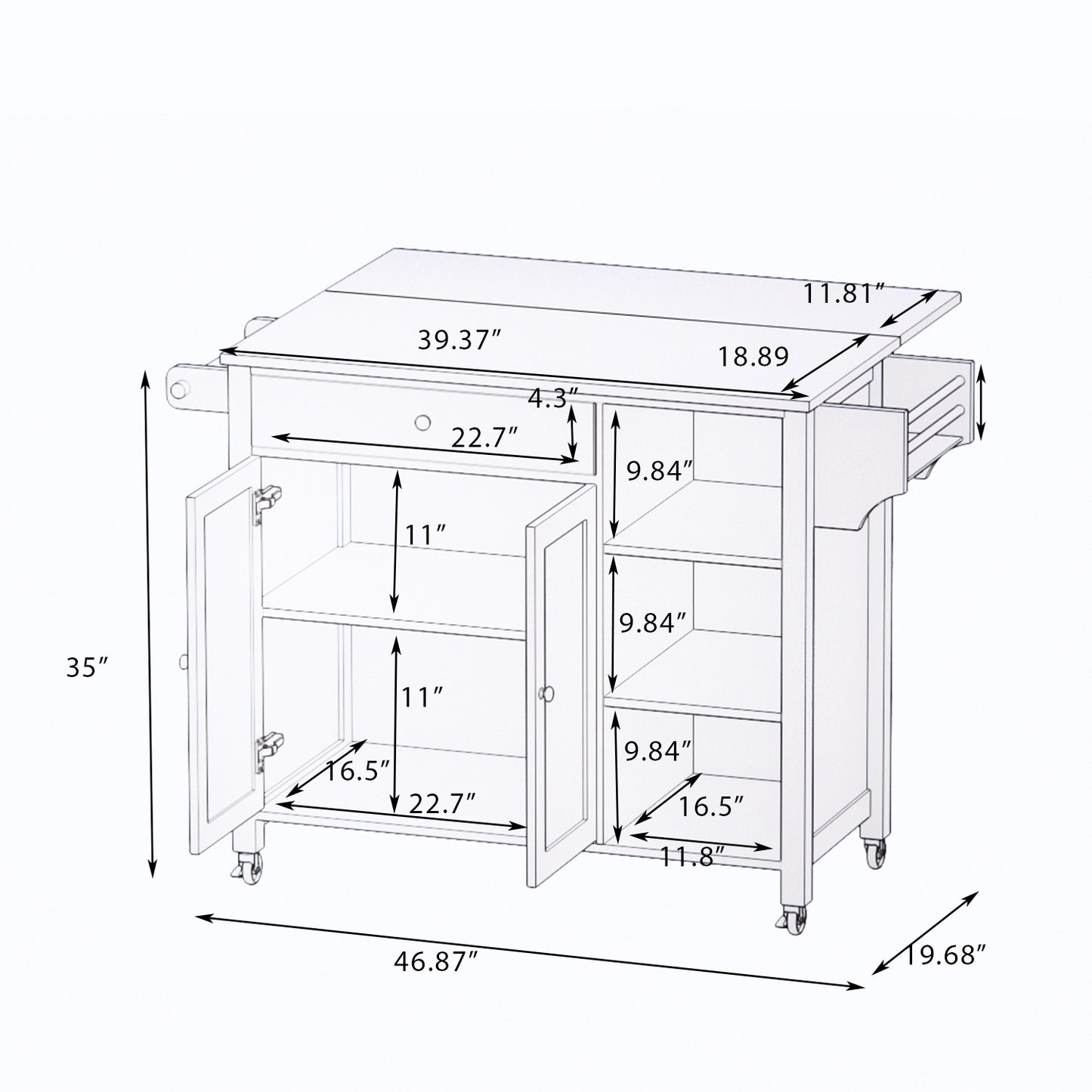 Double Door Kitchen Island with Lockable Wheels, Towel Rack, Storage Drawer and Three Open Shelves-White