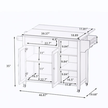 Double Door Kitchen Island with Lockable Wheels, Towel Rack, Storage Drawer and Three Open Shelves-White