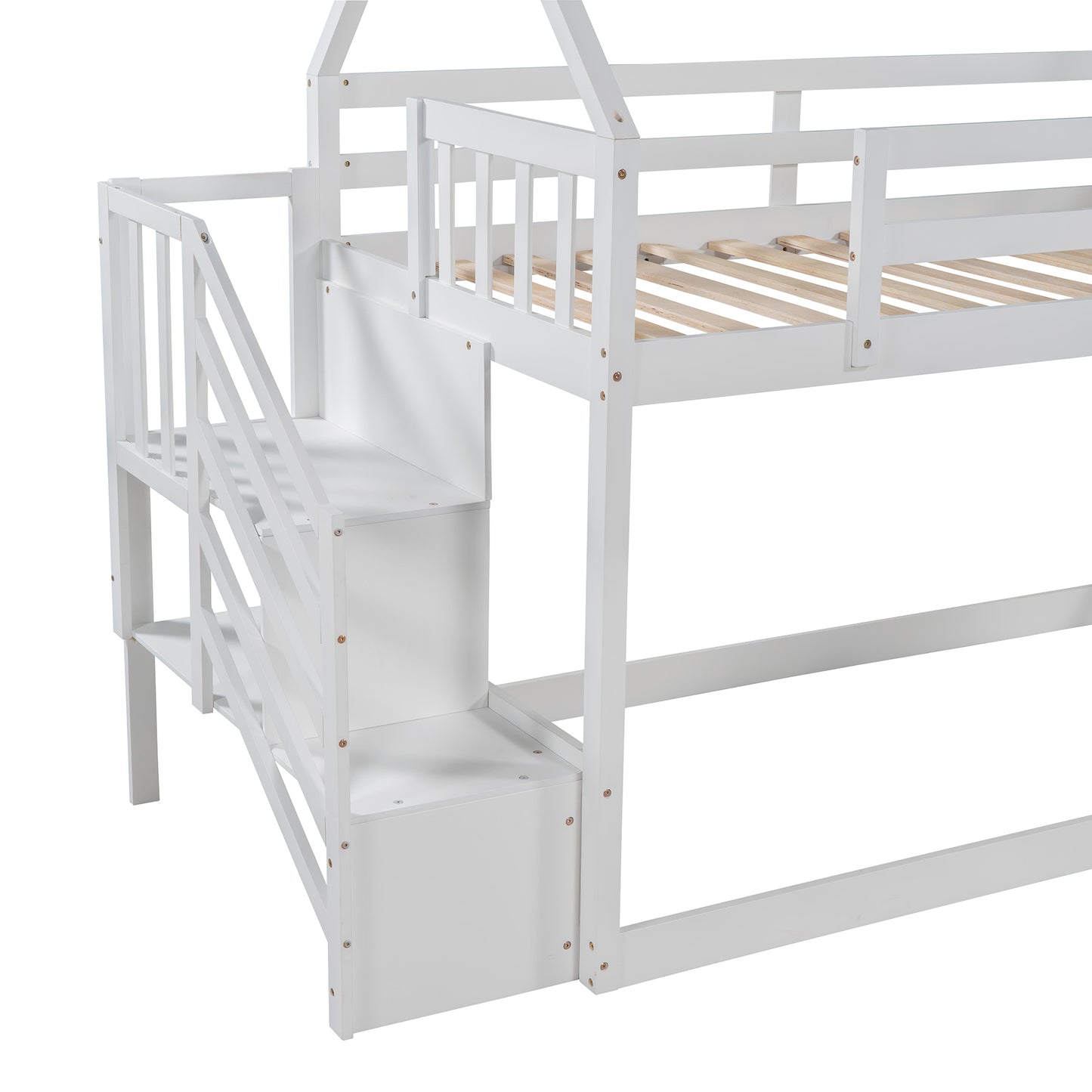 Twin over Twin House Bunk Bed with Slide and Storage Staircase,White