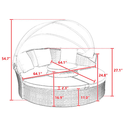 Hot Sale KD Rattan Round Lounge With Canopy Bali Canopy Bed Outdoor, Wicker Outdoor Sofa Bed with lift coffee table