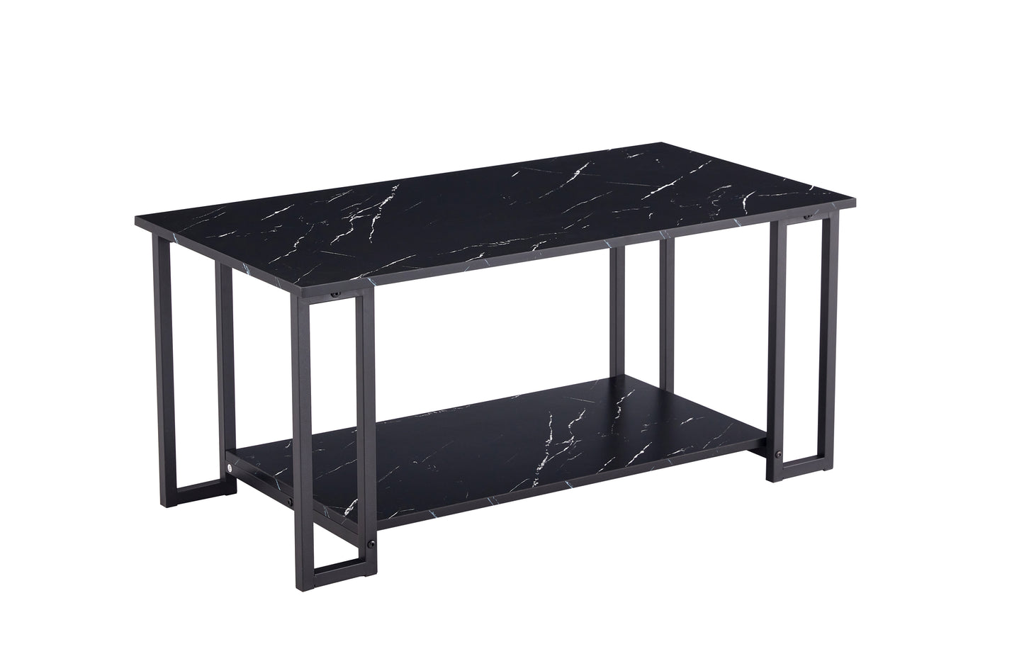 D&N Coffee Table, 2 Layers 1.5cm Thick Marble MDF Rectangle 39.37" L Tabletop Iron Coffee Table , Dining Room, black Top, black Leg