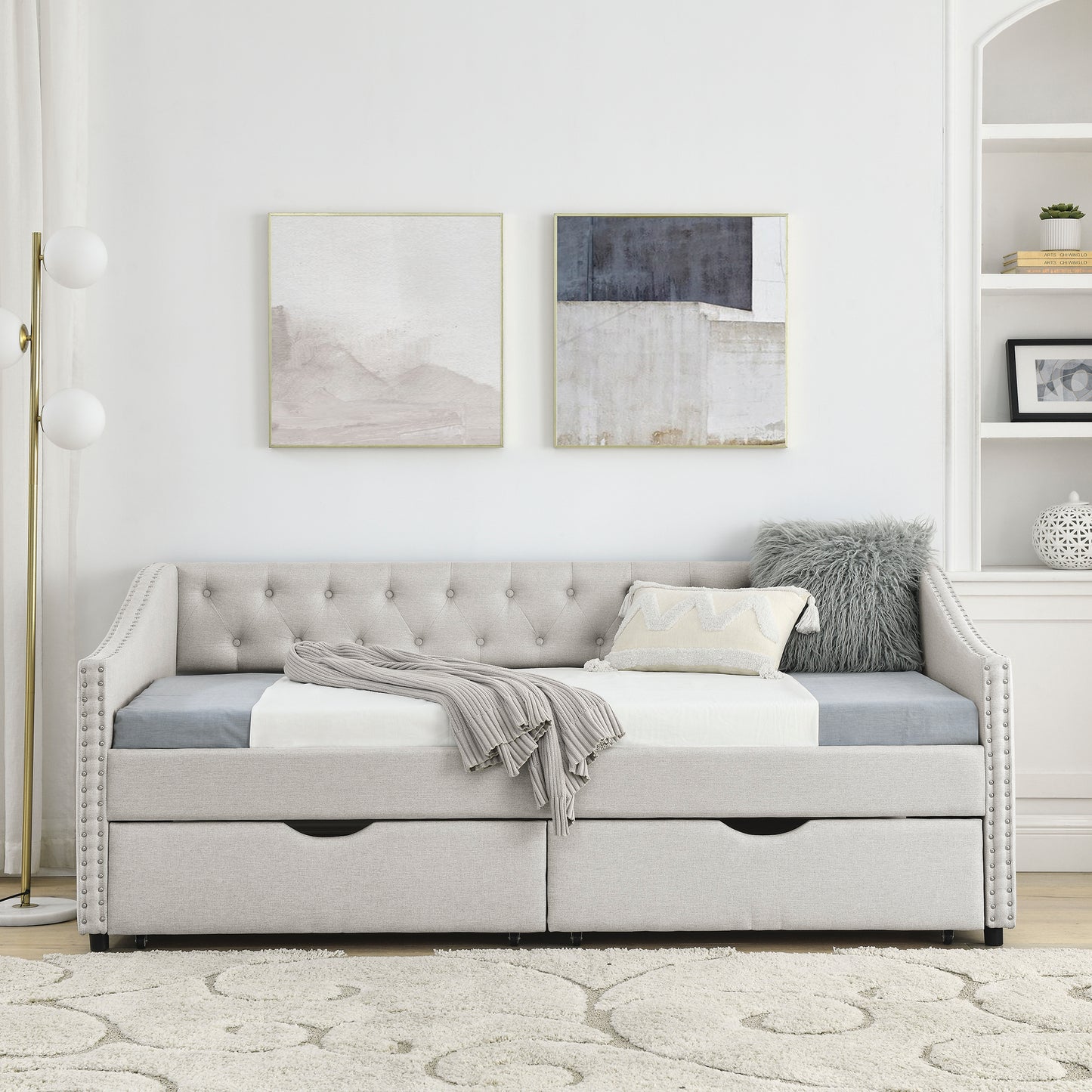 Twin Size Daybed with Drawers Upholstered Tufted Sofa Bed, with Button on Back and Copper Nail on Waved Shape Arms，Beige（81.5“x41”x30.5“）