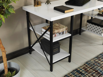 Furnish Home Store Diana Metal Frame 60" Extra Wide Wood Top 4 Shelves Writing and Computer Desk for Home Office, White