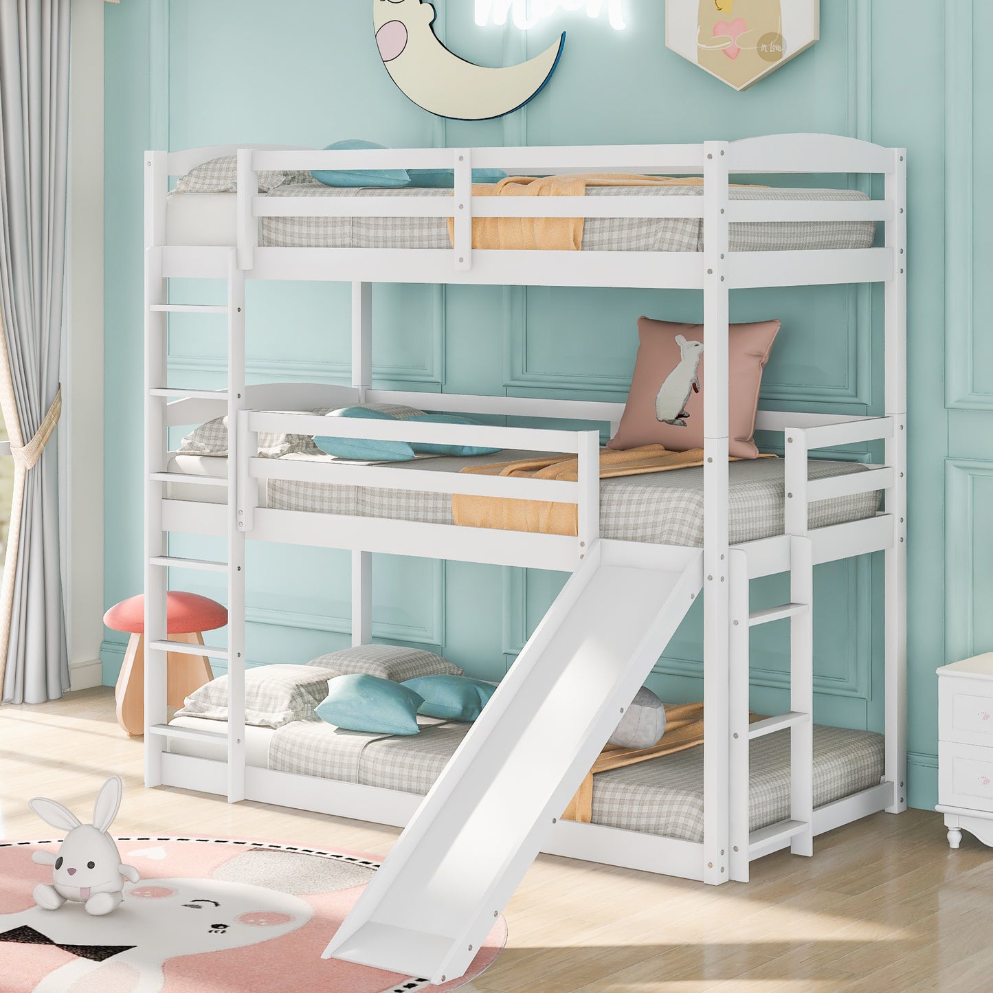 Twin over Twin over Twin Adjustable Triple Bunk Bed with Ladder and Slide,White(OLD SKU:SM000508AAK)(Expected Arrival Time:7.15)