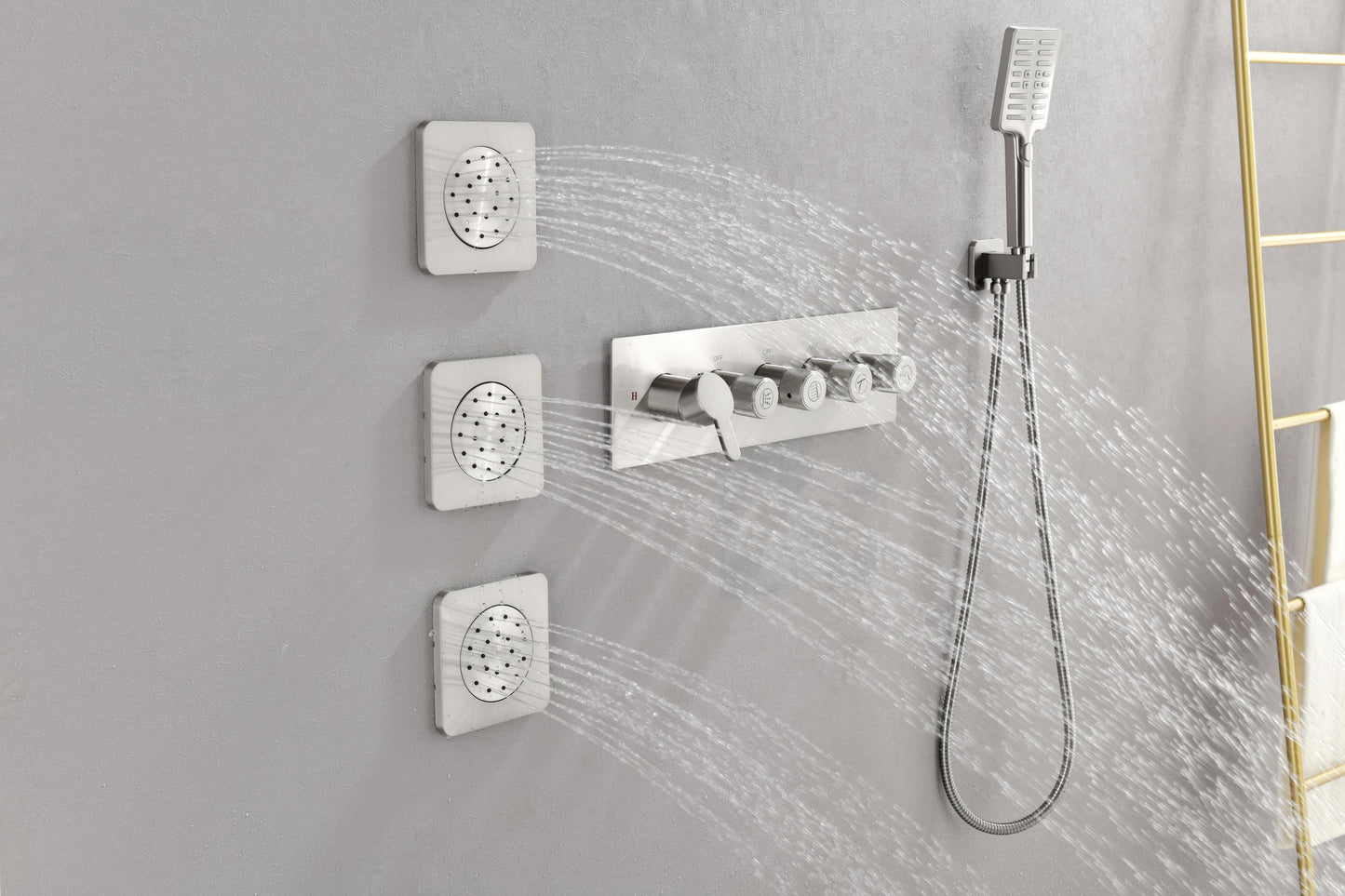 Wall Mounted Waterfall Rain Shower System With 3 Body Sprays & Handheld Shower