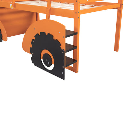 Twin Size Forklift Car-Shaped Loft Bed with Storage Shelves,Orange