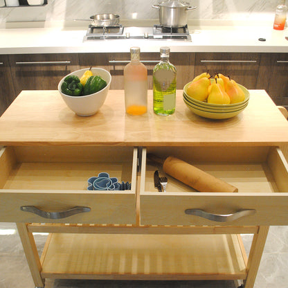 Kitchen Island & Kitchen Cart, Mobile Kitchen Island with Two Lockable Wheels, Rubber Wood Top, Simple Design & Natural Color Give More Imagination of Party Scene.