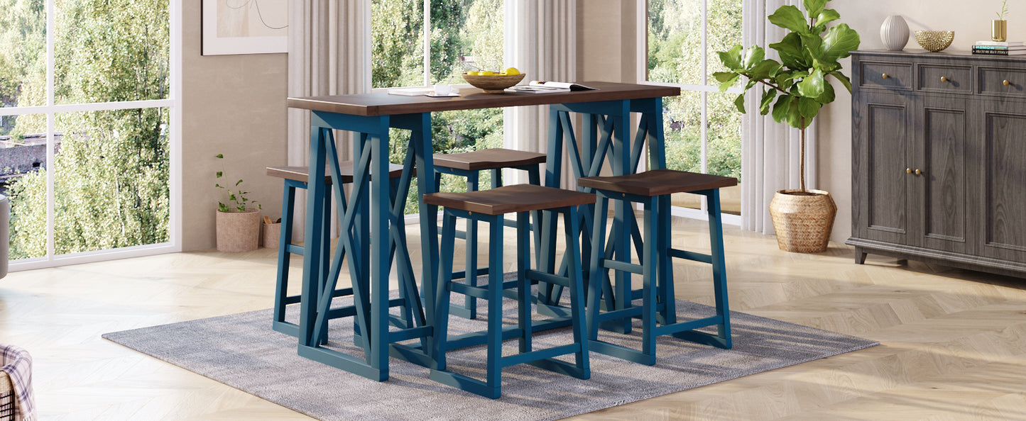 TOPMAX Rustic Counter Height 5-Piece Dining Set, Wood Console Table Set with 4 Stools for Small Places,Walnut+Blue