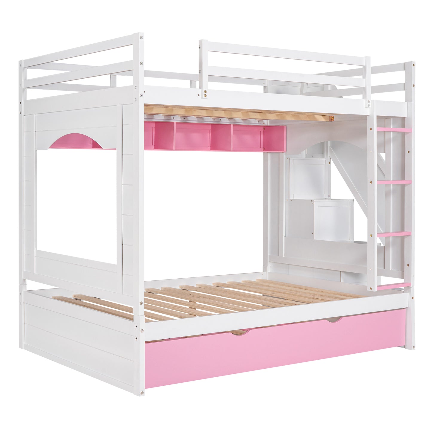 Full Over Full Bunk Bed with Trundle ,Stairs,Ladders Solid Wood Bunk bed with Storage Cabinet （White + Pink）