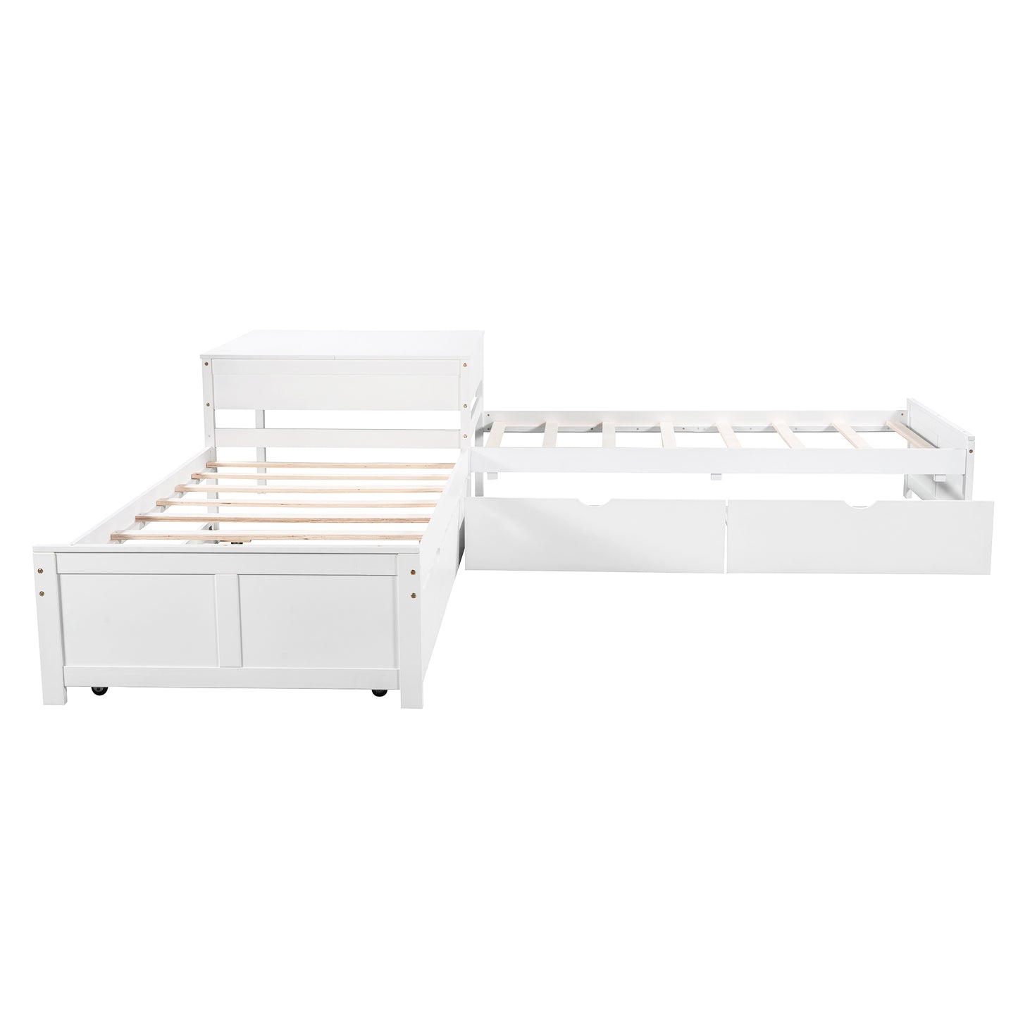 L-shaped Platform Bed with Trundle and Drawers Linked with built-in Desk,Twin,White