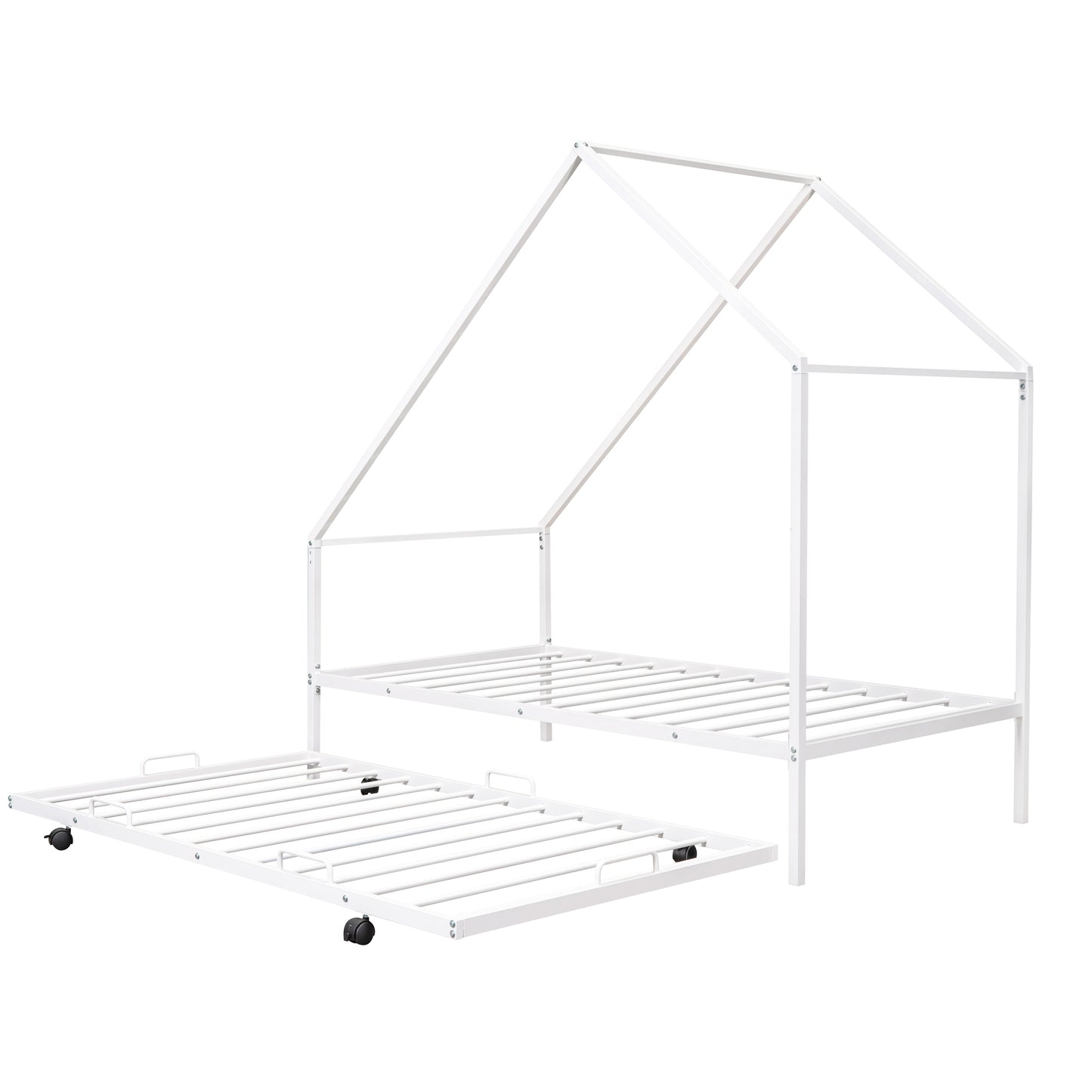 Metal House Bed With Trundle, Twin Size House Bed White