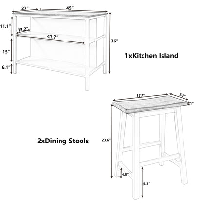 TOPMAX Solid Wood Rustic 3-piece 45" Stationary Kitchen Island Set with 2 Seatings, Rubber Wood Butcher Block Dining Table Set Prep Table Set with 2 Open Shelves for Small Places，Natural+Gray