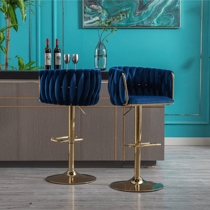 Set of 2  Bar Stools,with Chrome Footrest and Base Swivel Height Adjustable Mechanical Lifting Velvet + Golden Leg Simple Bar Stool-Navy