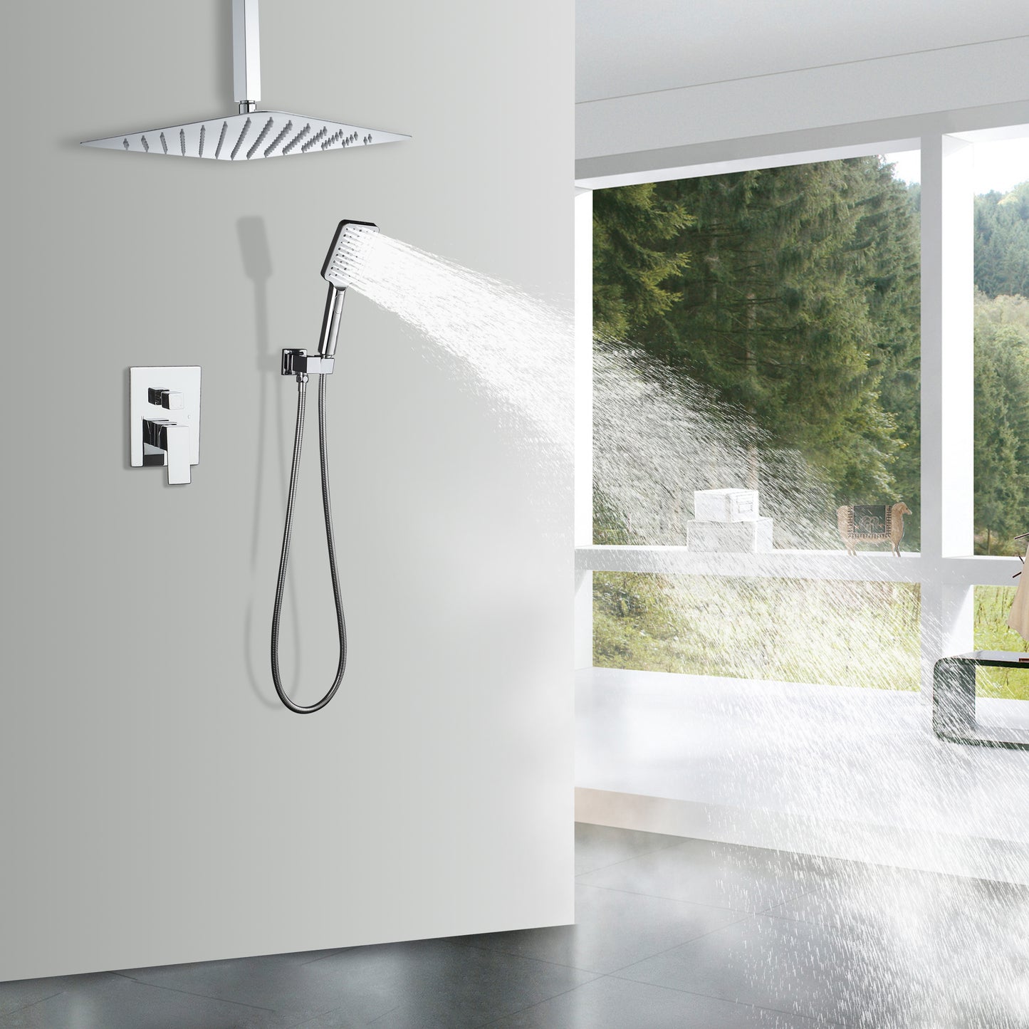 Shower Faucet Set System Ceiling Shower Faucets Sets Complet with Rough-in Valve, 10 Inches High Pressure Rain Shower Head and Handheld