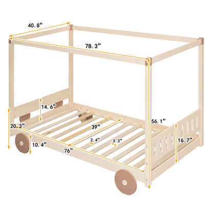 Twin Size Canopy Car-Shaped Platform Bed,Natural+Brown