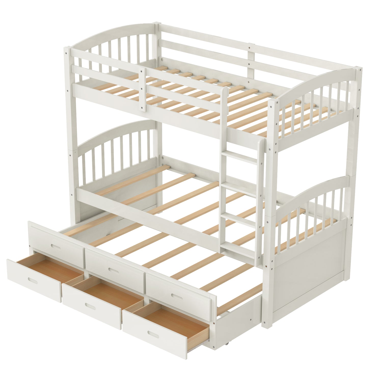 Twin over Twin Wood Bunk Bed with Trundle and Drawers,White