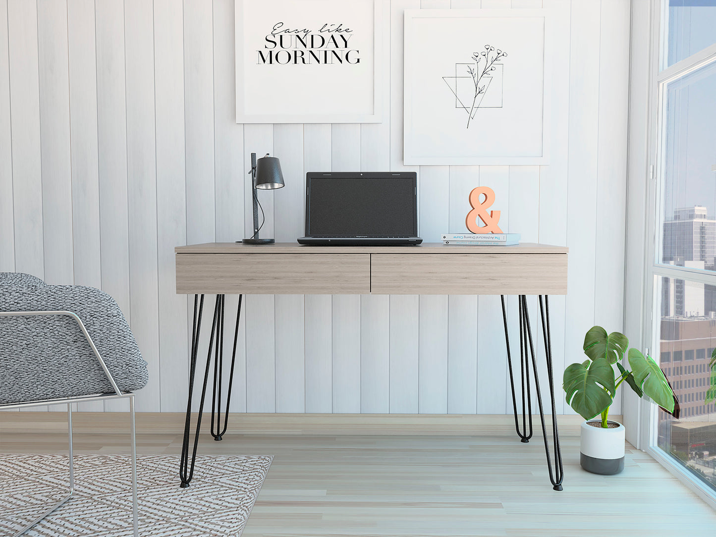 Canton 2-Drawer Writing Desk with Hairpin Legs Light Gray