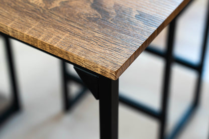 Modern 
3-Piece Bar tabies and chairs  Set with 2 Chairs for Dining Room，Black Frame+Brown oak board surface+Black cushion