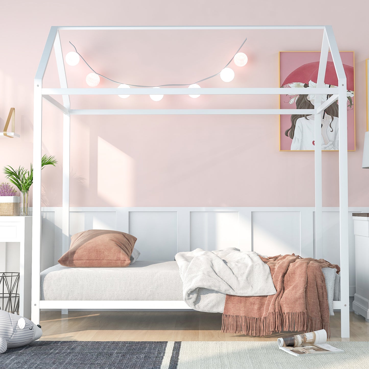 House Bed Frame Twin Size , Kids Bed Frame Metal  Platform Bed  Floor Bed for Kids Boys Girls No Box Spring Needed White