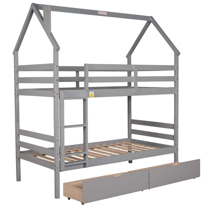 Twin over Twin House Bunk Bed with Two Drawers and Chimney Design,Gray