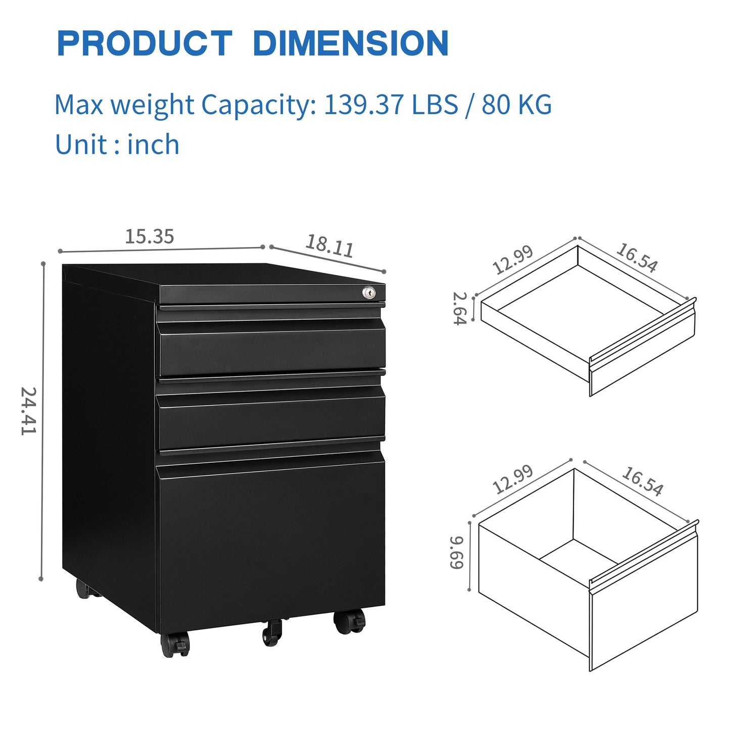 3 Drawer File Cabinet with Lock, Steel Mobile Filing Cabinet on Anti-tilt Wheels, Rolling Locking Office Cabinets Under Desk for Legal/Letter Size