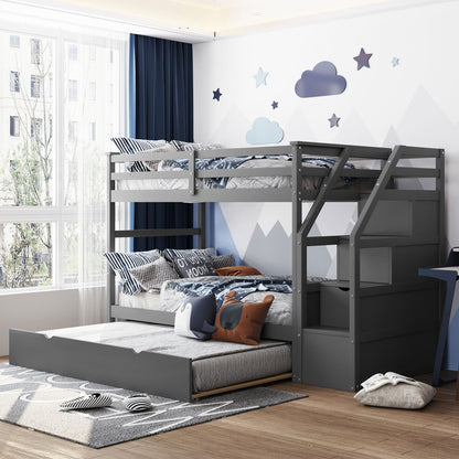 Twin-Over-Twin Bunk Bed with Twin Size Trundle and 3 Storage Stairs (Gray)